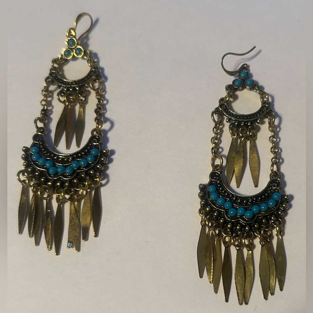 Copper and Turquoise Chandelier Earrings - Picture 2 of 3